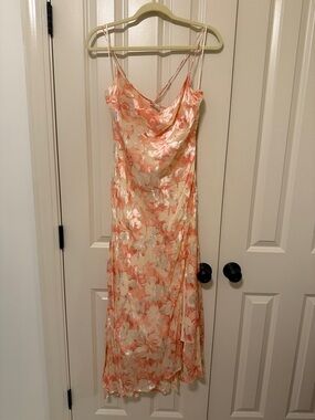 ASTR Floral Satin Slip Dress in Peach/Light Pink and Cream